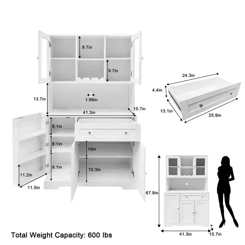 Farmhouse Kitchen Pantry Cabinet with Countertop, Drawers & 14 Shelves, 67.9"H
