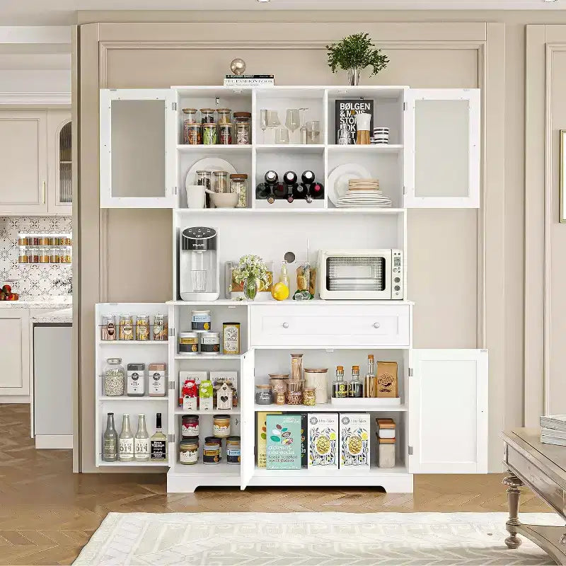 Farmhouse Kitchen Pantry Cabinet with Countertop, Drawers & 14 Shelves, 67.9"H
