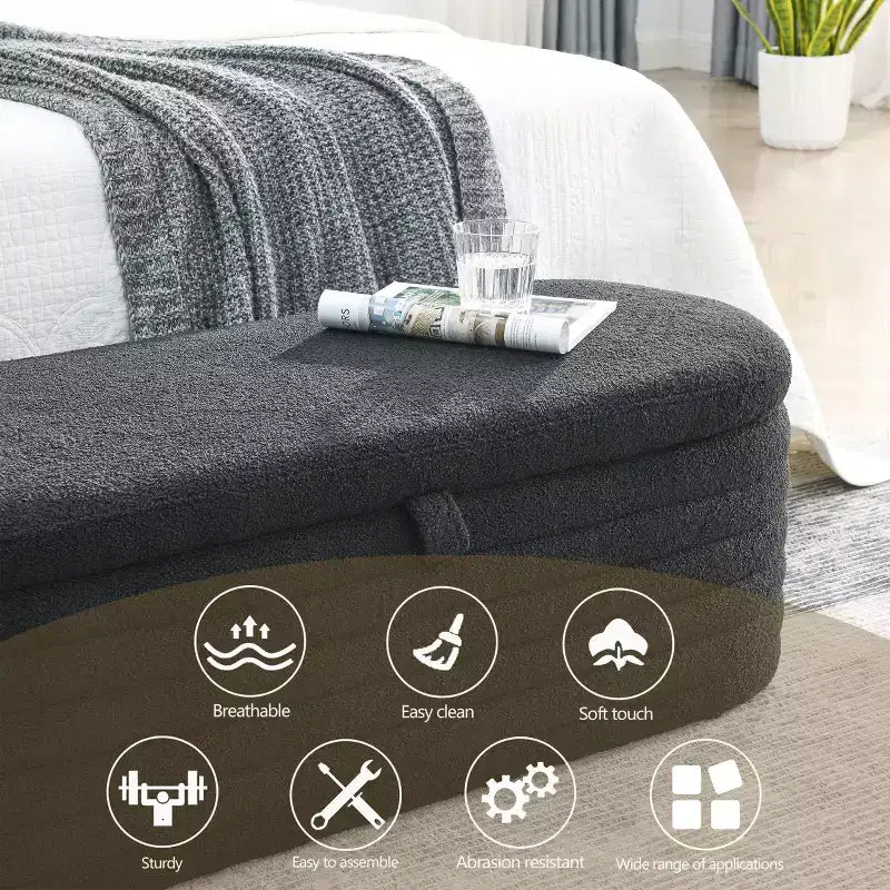 Upholstered Fabric Storage Ottoman Bench with Safety Hinge, 45.5"W End of Bed Stool