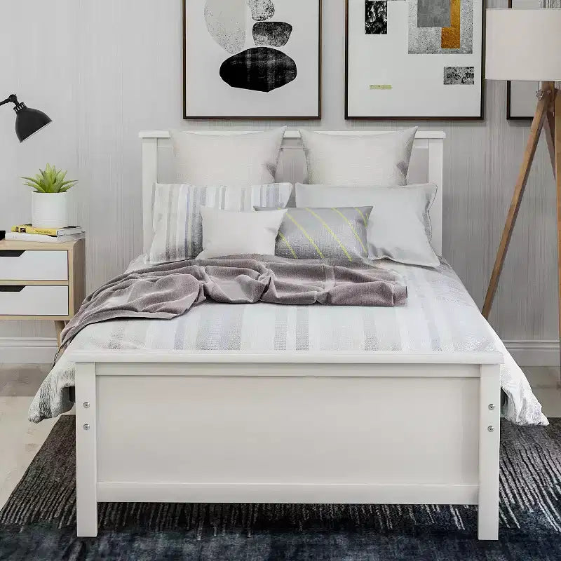 Twin Size Pine Wood Platform Bed with Headboard, Footboard & 10 Solid Wood Slats