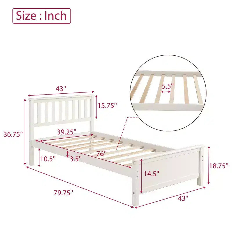 Twin Size Pine Wood Platform Bed with Headboard, Footboard & 10 Solid Wood Slats