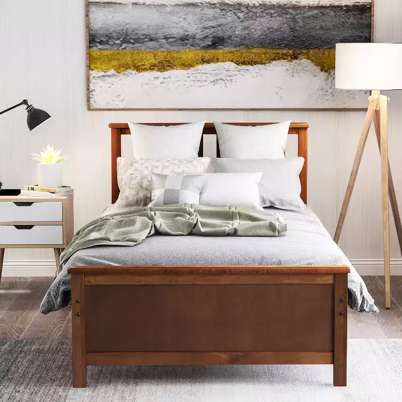 Twin Size Pine Wood Platform Bed with Headboard, Footboard & 10 Solid Wood Slats