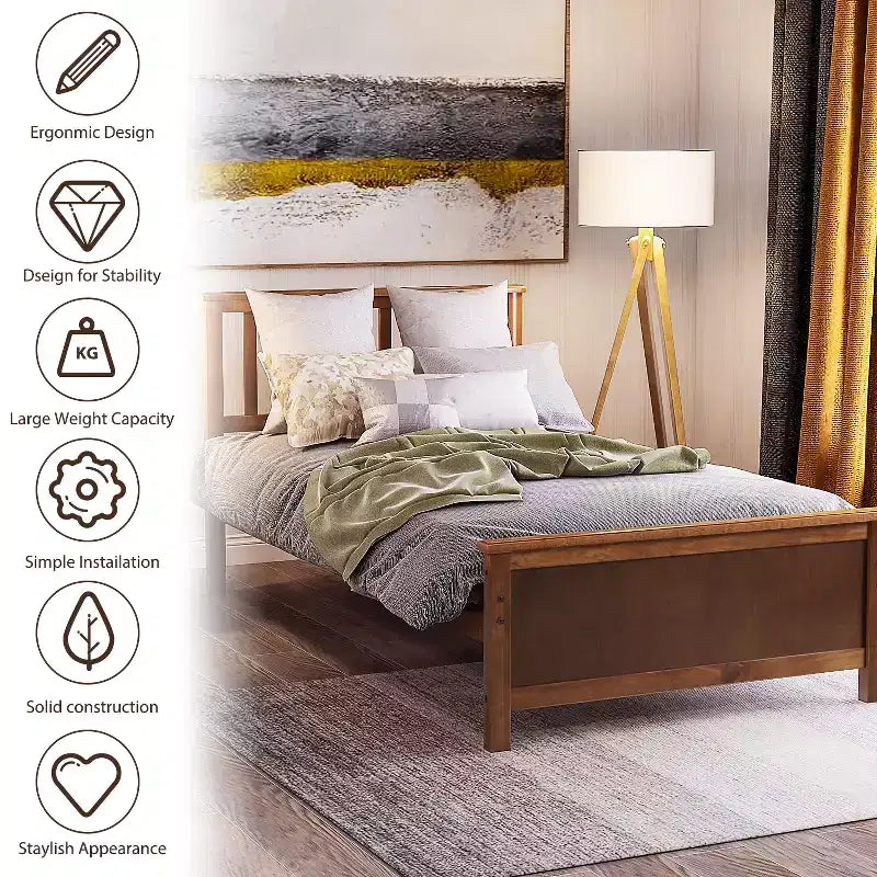 Twin Size Pine Wood Platform Bed with Headboard, Footboard & 10 Solid Wood Slats