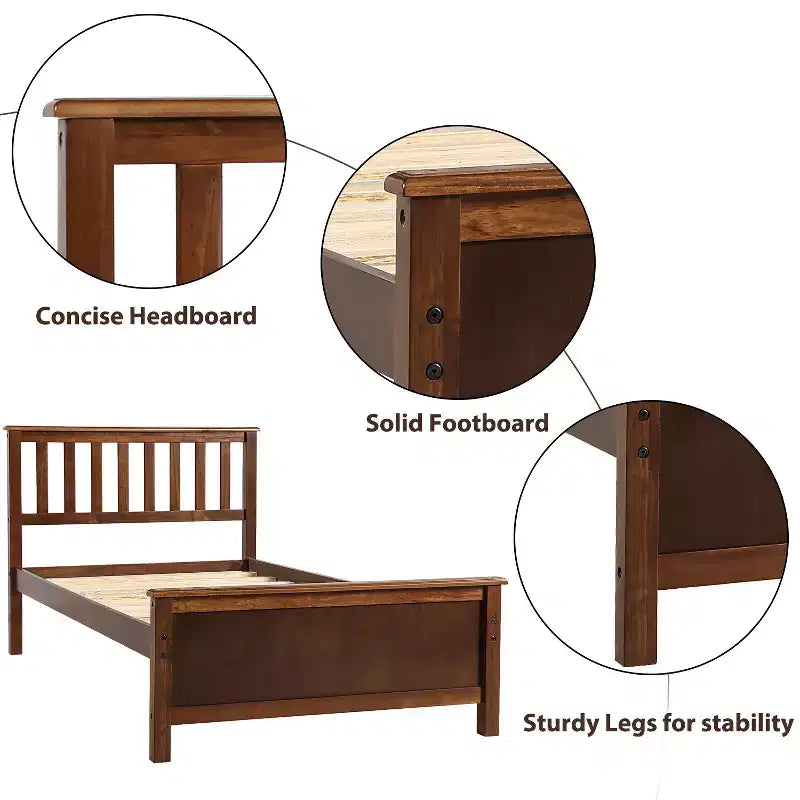 Twin Size Pine Wood Platform Bed with Headboard, Footboard & 10 Solid Wood Slats