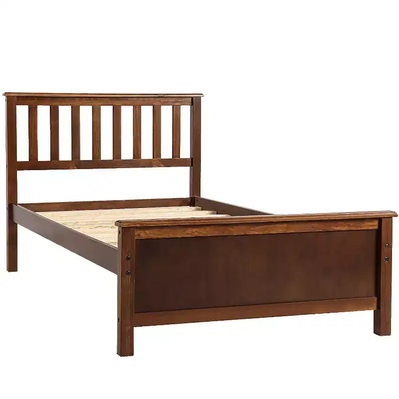 Twin Size Pine Wood Platform Bed with Headboard, Footboard & 10 Solid Wood Slats