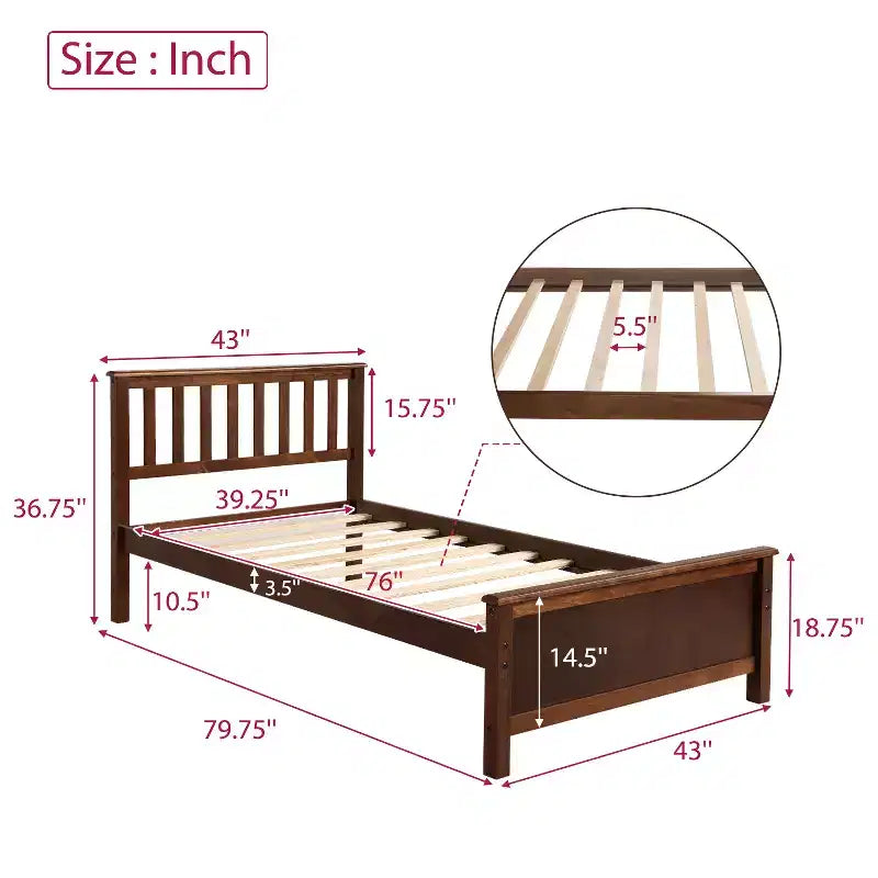 Twin Size Pine Wood Platform Bed with Headboard, Footboard & 10 Solid Wood Slats