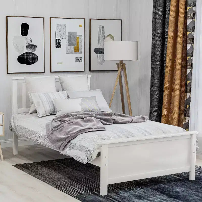 Twin Size Pine Wood Platform Bed with Headboard, Footboard & 10 Solid Wood Slats
