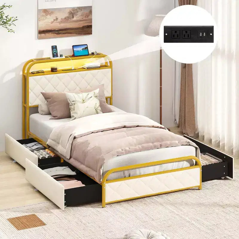 Velvet Platform Bed with RGB LED Lights, Charging Station & 4 Storage Drawers, Golden