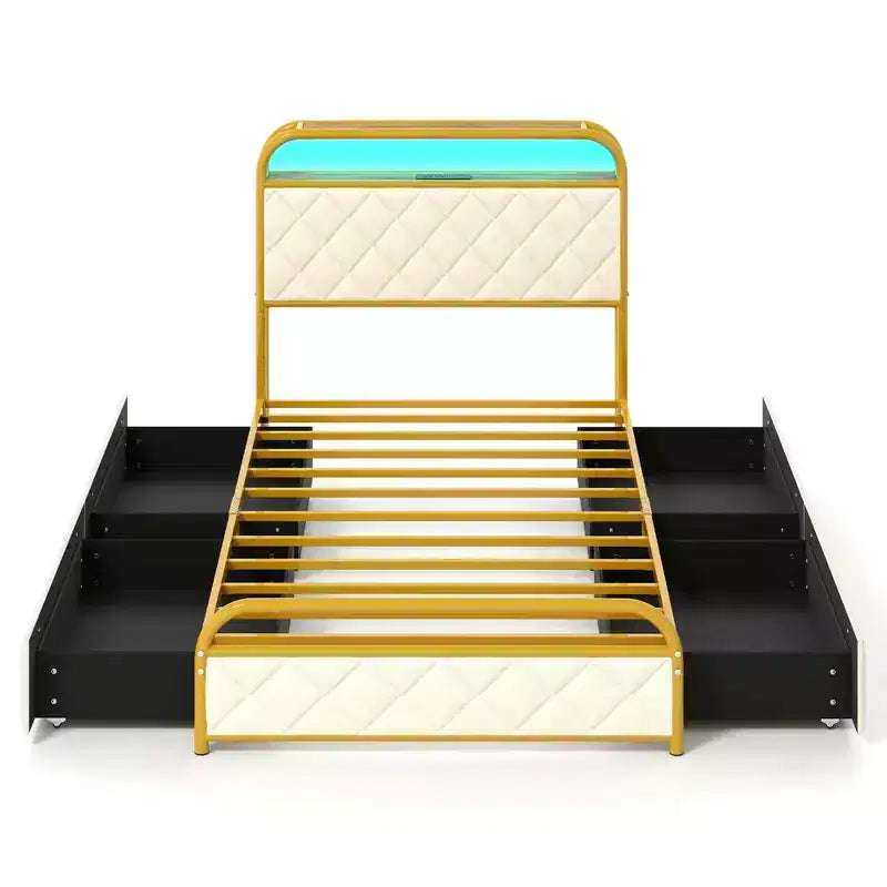 Velvet Platform Bed with RGB LED Lights, Charging Station & 4 Storage Drawers, Golden