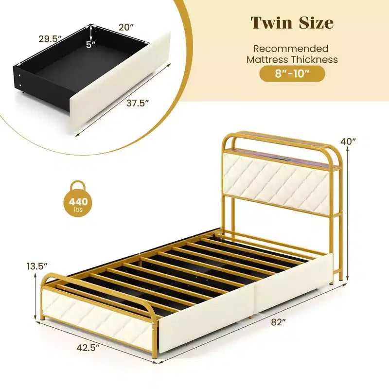 Velvet Platform Bed with RGB LED Lights, Charging Station & 4 Storage Drawers, Golden