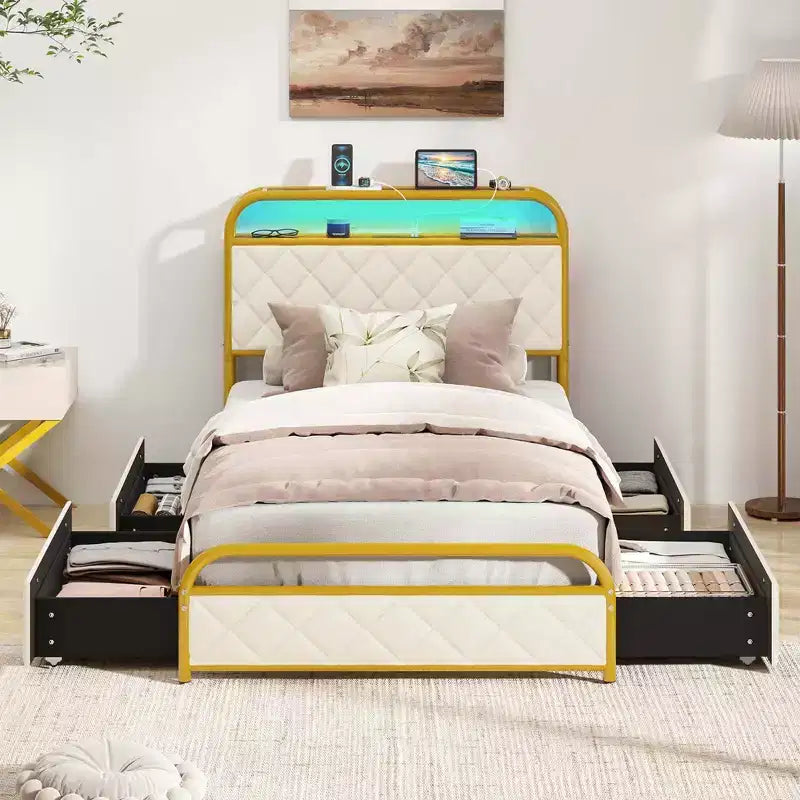 Velvet Platform Bed with RGB LED Lights, Charging Station & 4 Storage Drawers, Golden