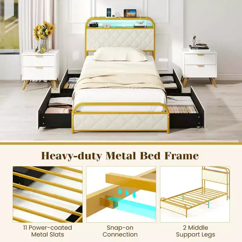 Velvet Platform Bed with RGB LED Lights, Charging Station & 4 Storage Drawers, Golden