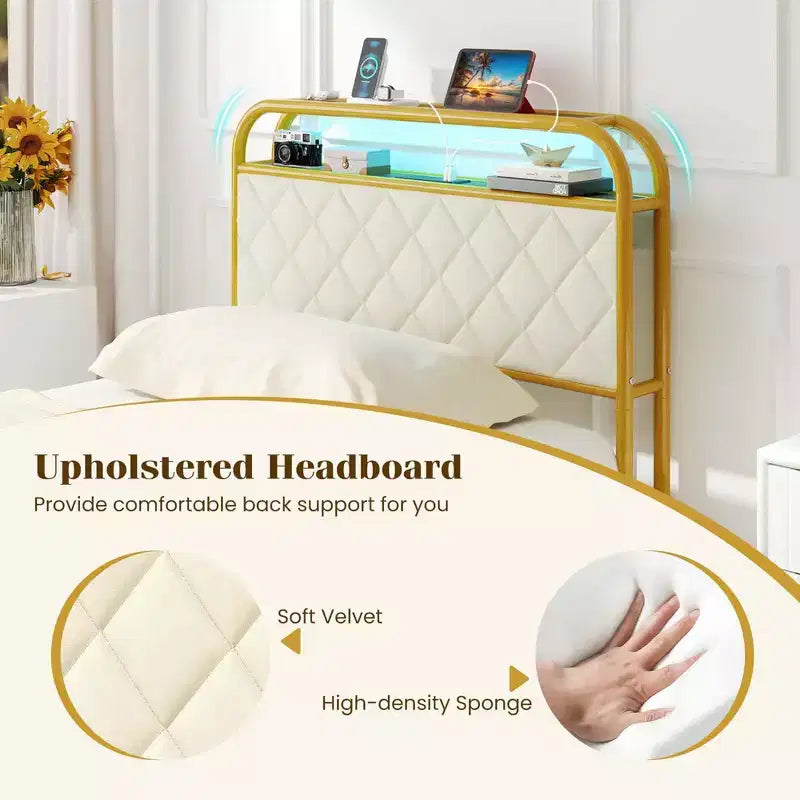 Velvet Platform Bed with RGB LED Lights, Charging Station & 4 Storage Drawers, Golden