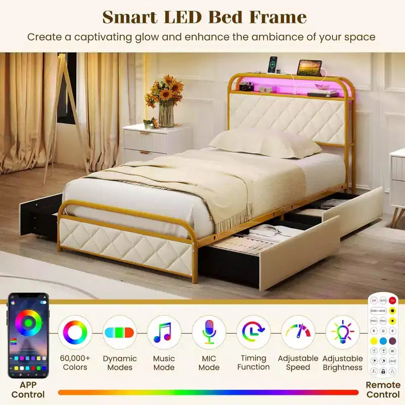 Velvet Platform Bed with RGB LED Lights, Charging Station & 4 Storage Drawers, Golden
