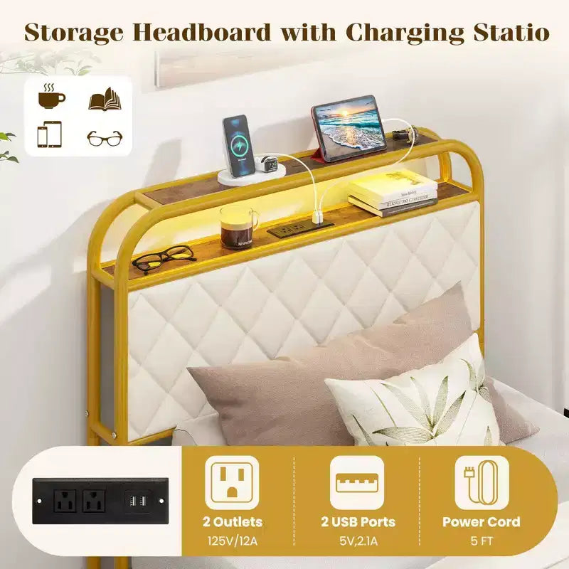Velvet Platform Bed with RGB LED Lights, Charging Station & 4 Storage Drawers, Golden