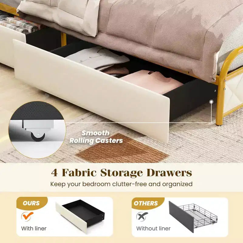 Velvet Platform Bed with RGB LED Lights, Charging Station & 4 Storage Drawers, Golden