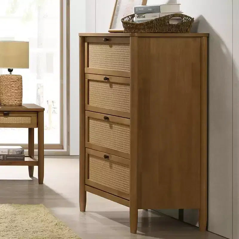 4-Drawer Wood & Rattan Chest with Light Walnut Finish for Bedroom & Living Room