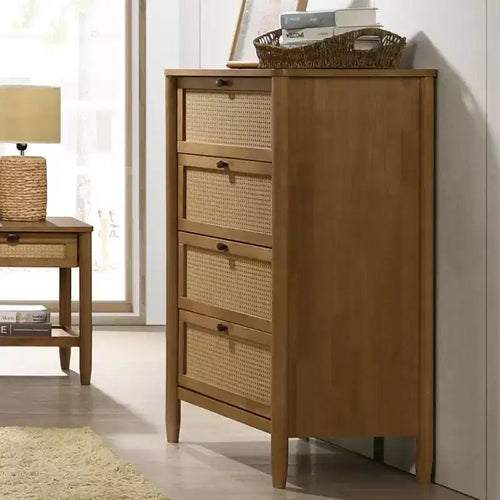 4-Drawer Wood & Rattan Chest with Light Walnut Finish for Bedroom & Living Room