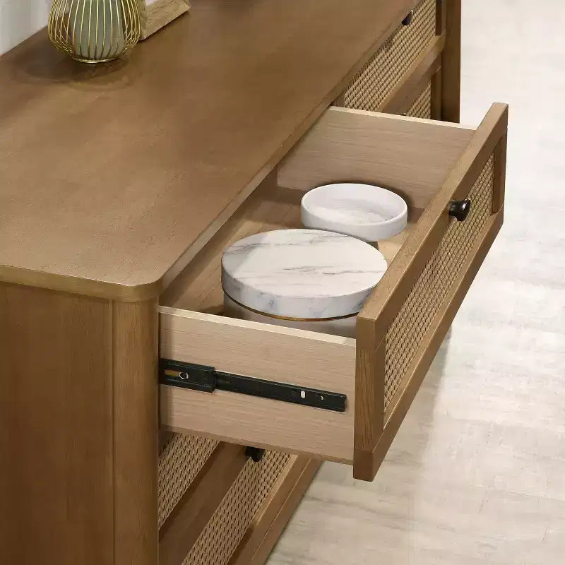 4-Drawer Wood & Rattan Chest with Light Walnut Finish for Bedroom & Living Room