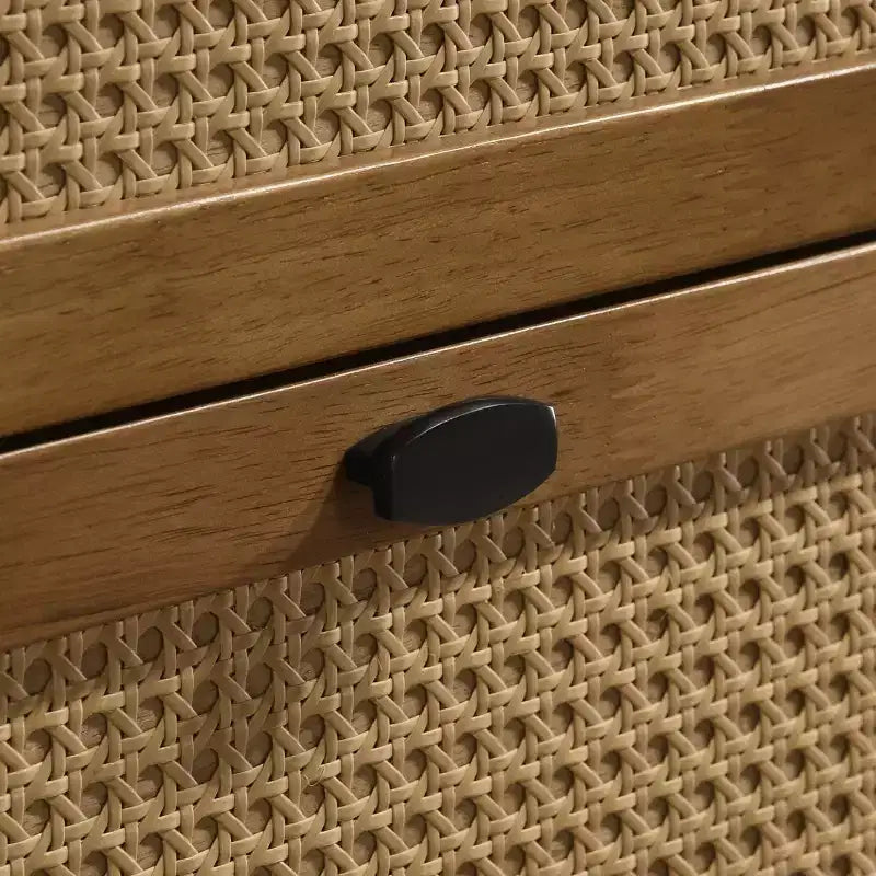 4-Drawer Wood & Rattan Chest with Light Walnut Finish for Bedroom & Living Room