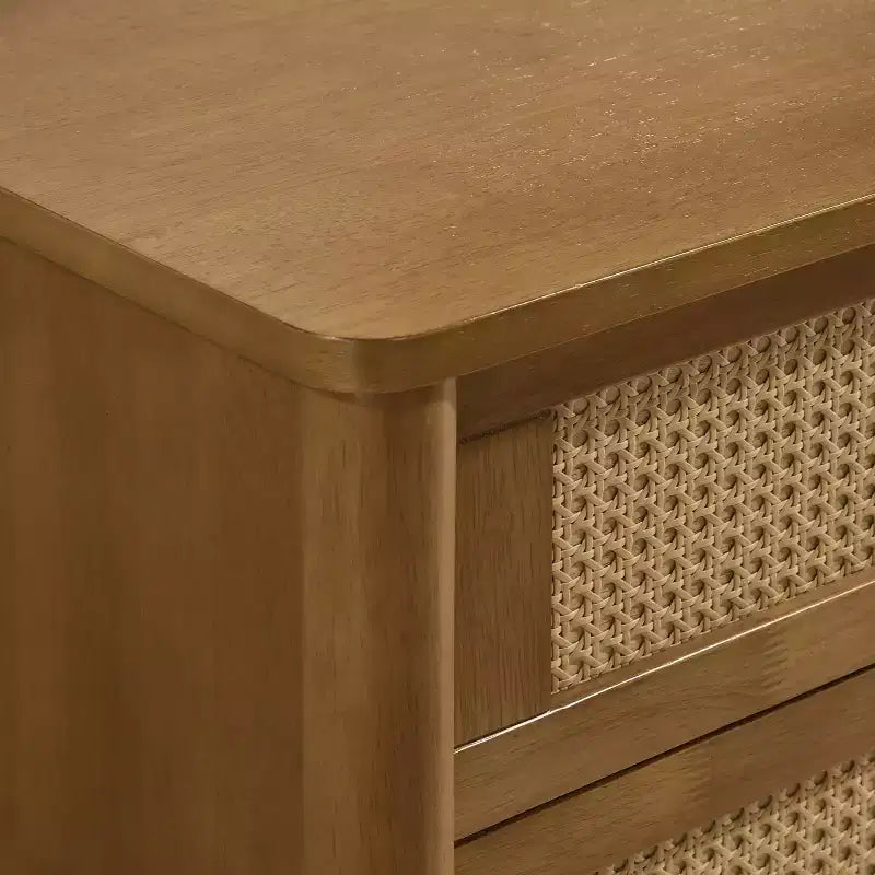 4-Drawer Wood & Rattan Chest with Light Walnut Finish for Bedroom & Living Room