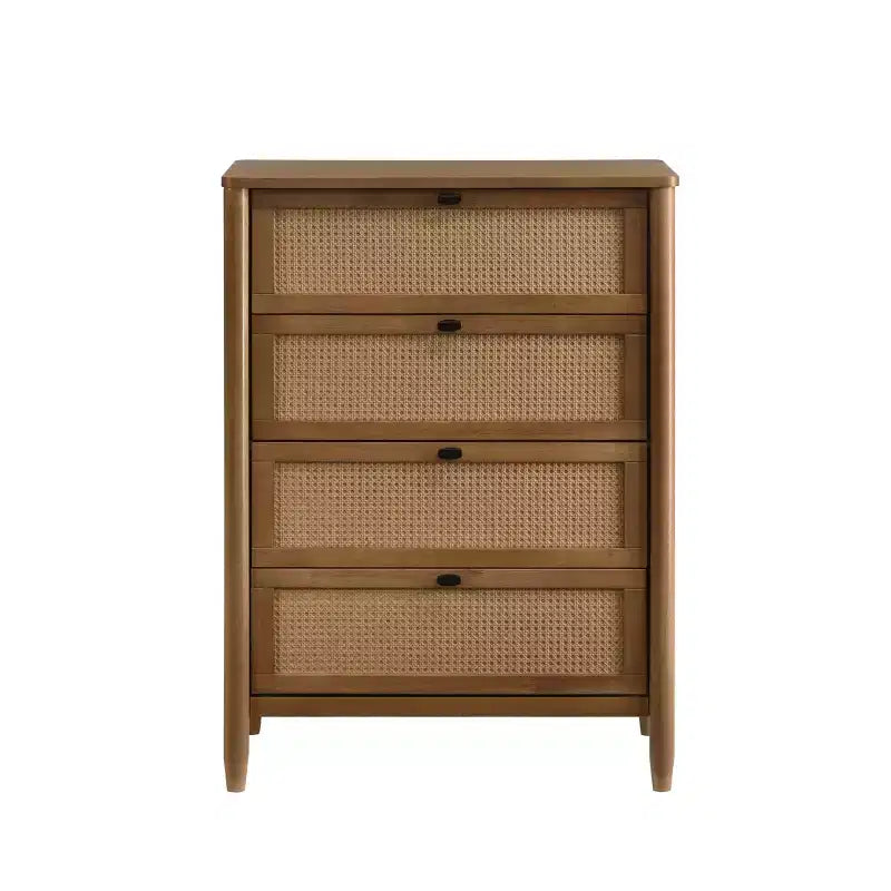 4-Drawer Wood & Rattan Chest with Light Walnut Finish for Bedroom & Living Room