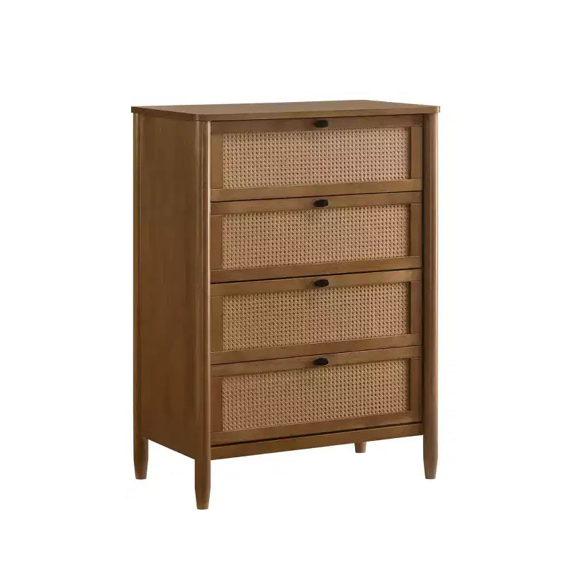 4-Drawer Wood & Rattan Chest with Light Walnut Finish for Bedroom & Living Room