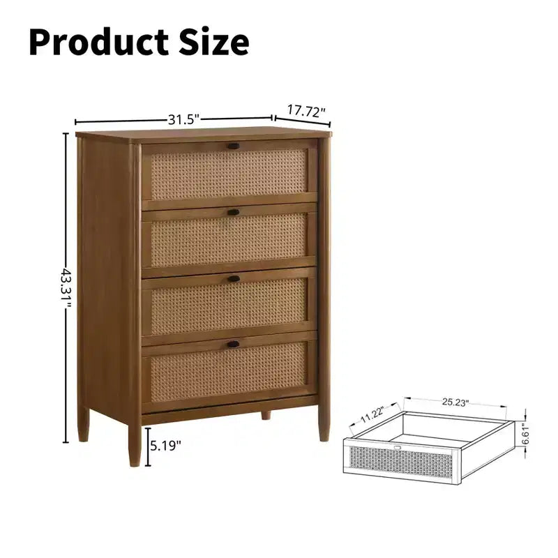 4-Drawer Wood & Rattan Chest with Light Walnut Finish for Bedroom & Living Room