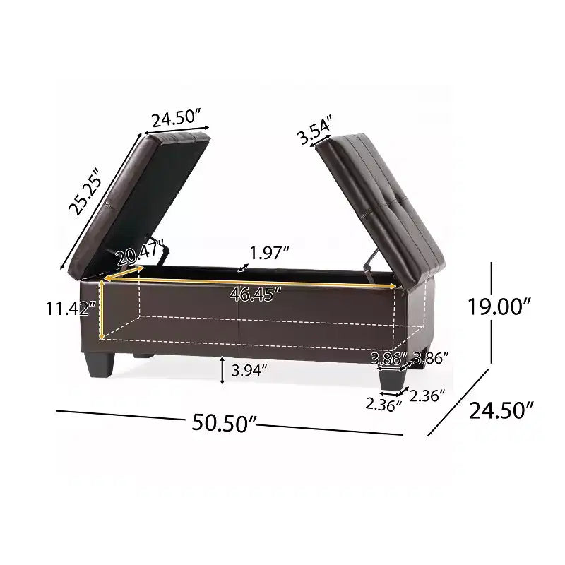 Contemporary Faux Leather Dual Lift Storage Ottoman, 50.5"W, 300 lb Capacity