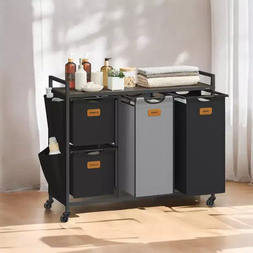 LEDREM Chestnut Brown, Ink Black and Dove Gray 39.6 Gal. (150 L) 4 - Compartment Laundry Hamper. A rolling laundry cart with shelves and 6 labels.