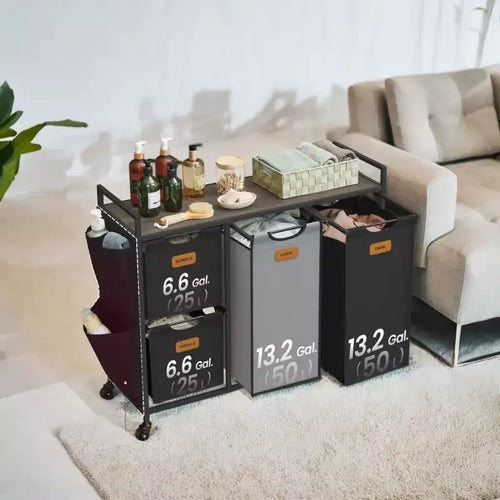 4-Compartment Rolling Laundry Hamper with Shelves & 6 Labels, 39.6 Gal, 3 Colors