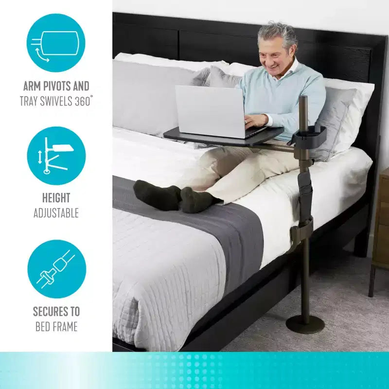 Height-Adjustable Overbed Swivel Table with Cup Holder & Tablet Holder, Black