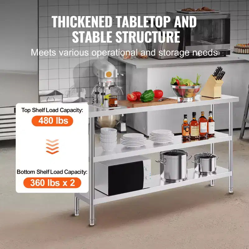 14"x60" Stainless Steel Commercial Kitchen Prep Table with 2 Adjustable Undershelves