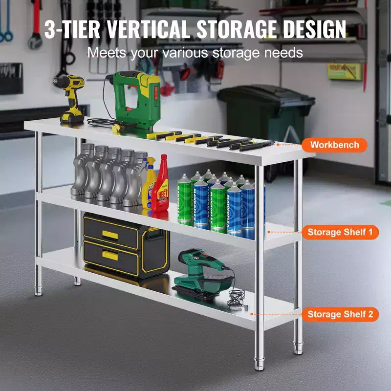 14"x60" Stainless Steel Commercial Kitchen Prep Table with 2 Adjustable Undershelves