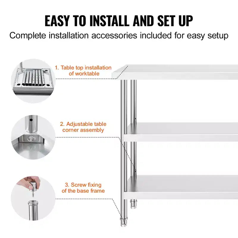 14"x60" Stainless Steel Commercial Kitchen Prep Table with 2 Adjustable Undershelves