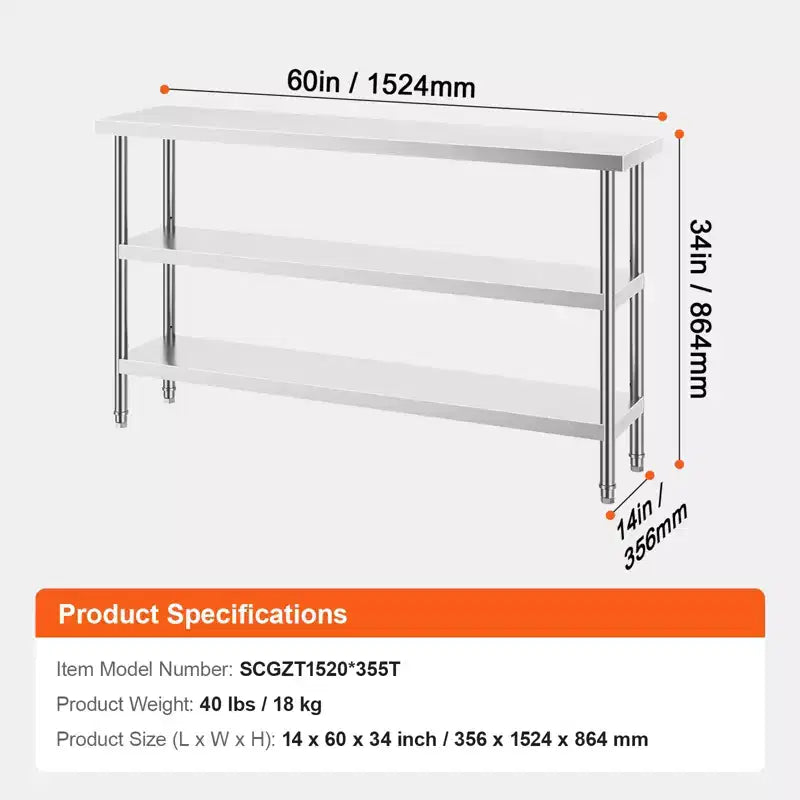 14"x60" Stainless Steel Commercial Kitchen Prep Table with 2 Adjustable Undershelves