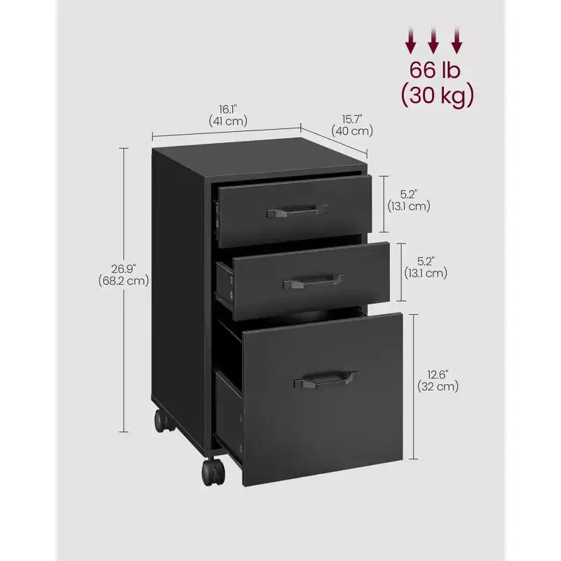 3-Drawer Mobile File Cabinet on Wheels for A4 & Letter Files, Adjustable Hanging Rail