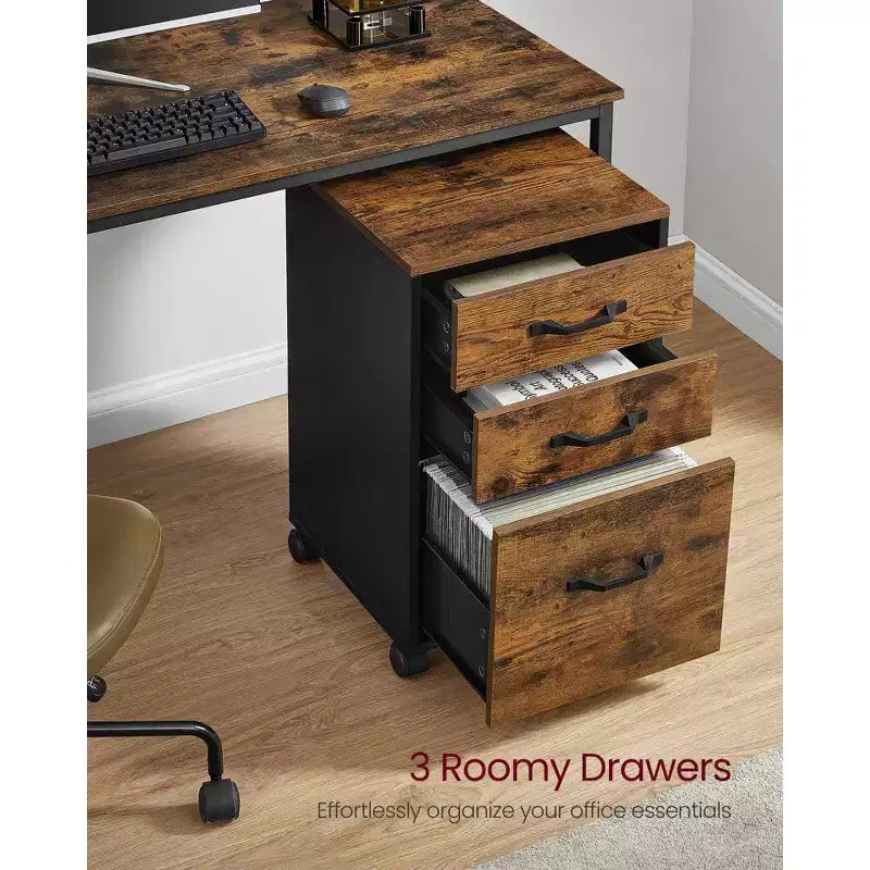 3-Drawer Mobile File Cabinet on Wheels for A4 & Letter Files, Adjustable Hanging Rail