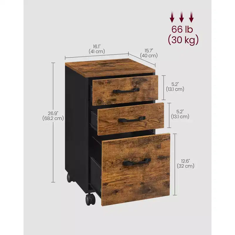 3-Drawer Mobile File Cabinet on Wheels for A4 & Letter Files, Adjustable Hanging Rail