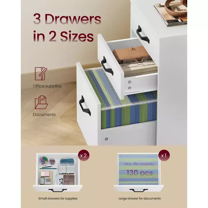 3-Drawer Mobile File Cabinet on Wheels for A4 & Letter Files, Adjustable Hanging Rail