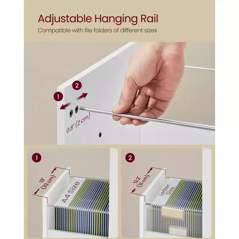 3-Drawer Mobile File Cabinet on Wheels for A4 & Letter Files, Adjustable Hanging Rail