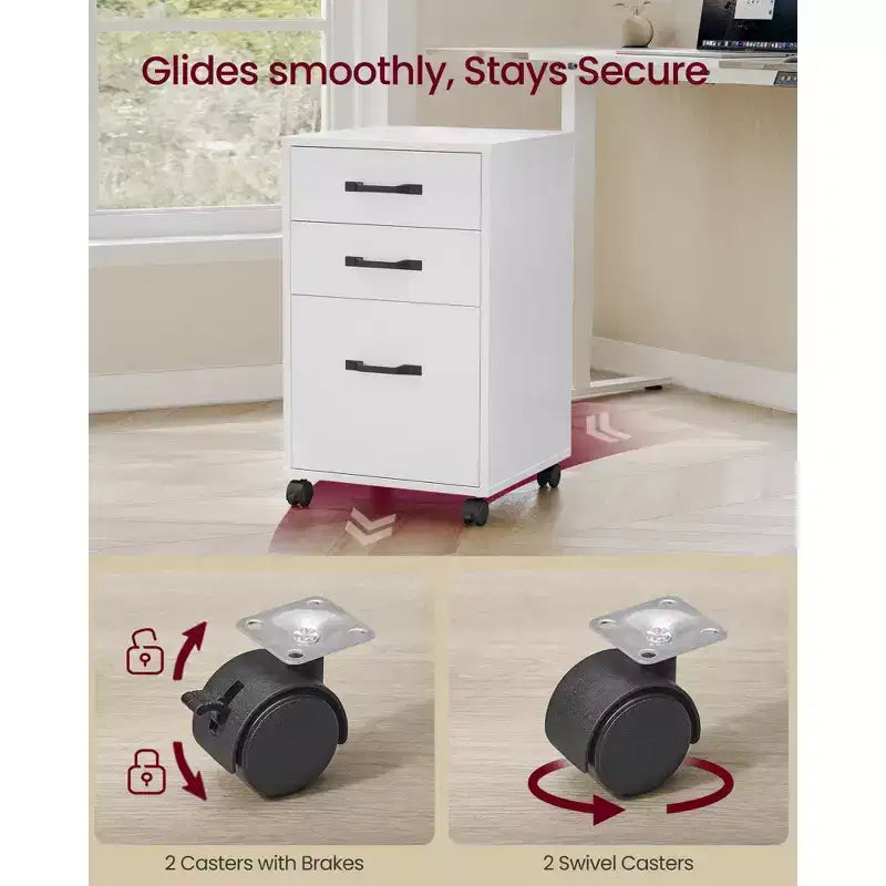 3-Drawer Mobile File Cabinet on Wheels for A4 & Letter Files, Adjustable Hanging Rail