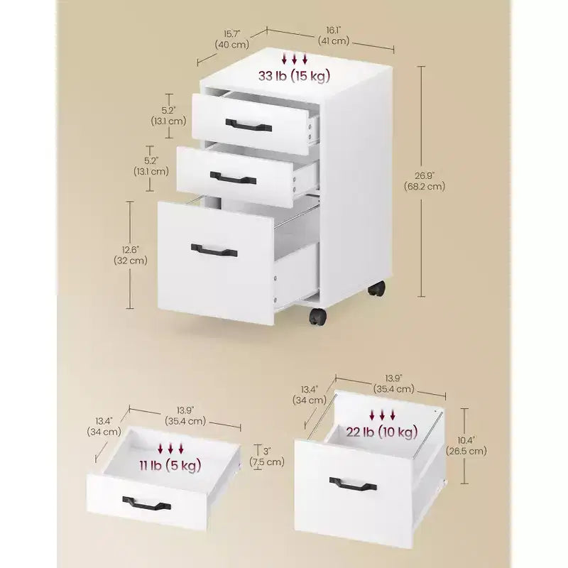 3-Drawer Mobile File Cabinet on Wheels for A4 & Letter Files, Adjustable Hanging Rail
