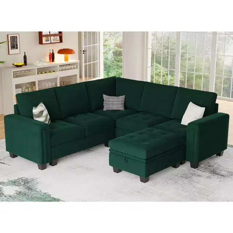 Modular Velvet Tufted Single Seat Sectional with Adjustable Armrest & Storage