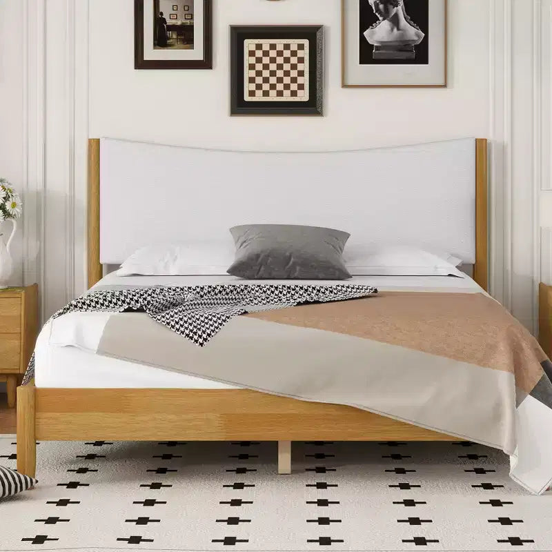 Queen Size Rubberwood Platform Bed with Teddy Velvet Upholstered Headboard