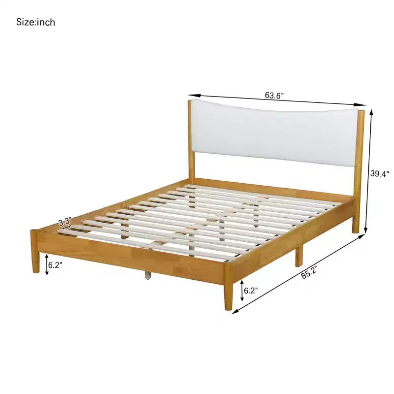 Queen Size Rubberwood Platform Bed with Teddy Velvet Upholstered Headboard