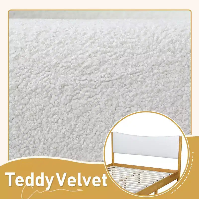 Queen Size Rubberwood Platform Bed with Teddy Velvet Upholstered Headboard