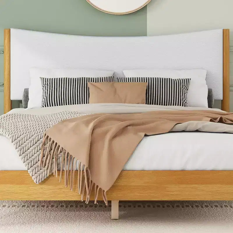 Queen Size Rubberwood Platform Bed with Teddy Velvet Upholstered Headboard