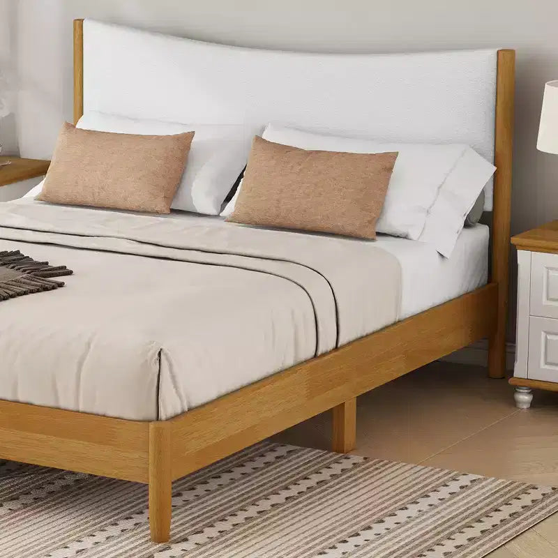 Queen Size Rubberwood Platform Bed with Teddy Velvet Upholstered Headboard