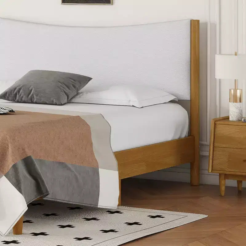 Queen Size Rubberwood Platform Bed with Teddy Velvet Upholstered Headboard